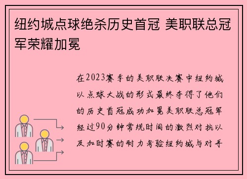 纽约城点球绝杀历史首冠 美职联总冠军荣耀加冕 纽约城点球绝杀历史首冠 美职联总冠军荣耀加冕